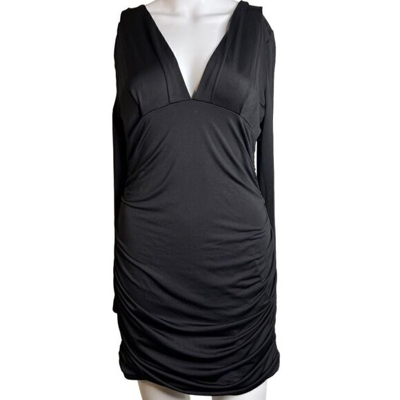 Plunging V Neck Ruched Cocktail Dress Black Size Large - Picture 1 of 4